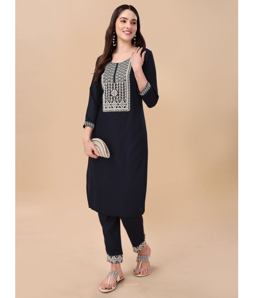     			gufrina Viscose Embroidered Kurti With Pants Women's Stitched Salwar Suit - Navy ( Pack of 1 )