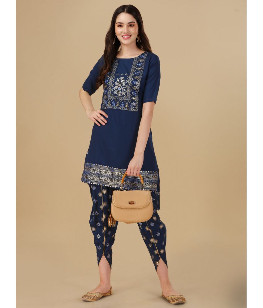     			gufrina Viscose Printed Kurti With Dhoti Pants Women's Stitched Salwar Suit - Navy ( Pack of 1 )