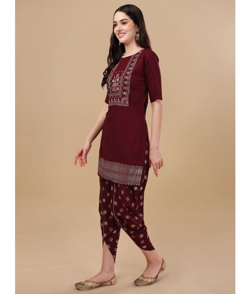     			gufrina Viscose Printed Kurti With Dhoti Pants Women's Stitched Salwar Suit - Wine ( Pack of 1 )