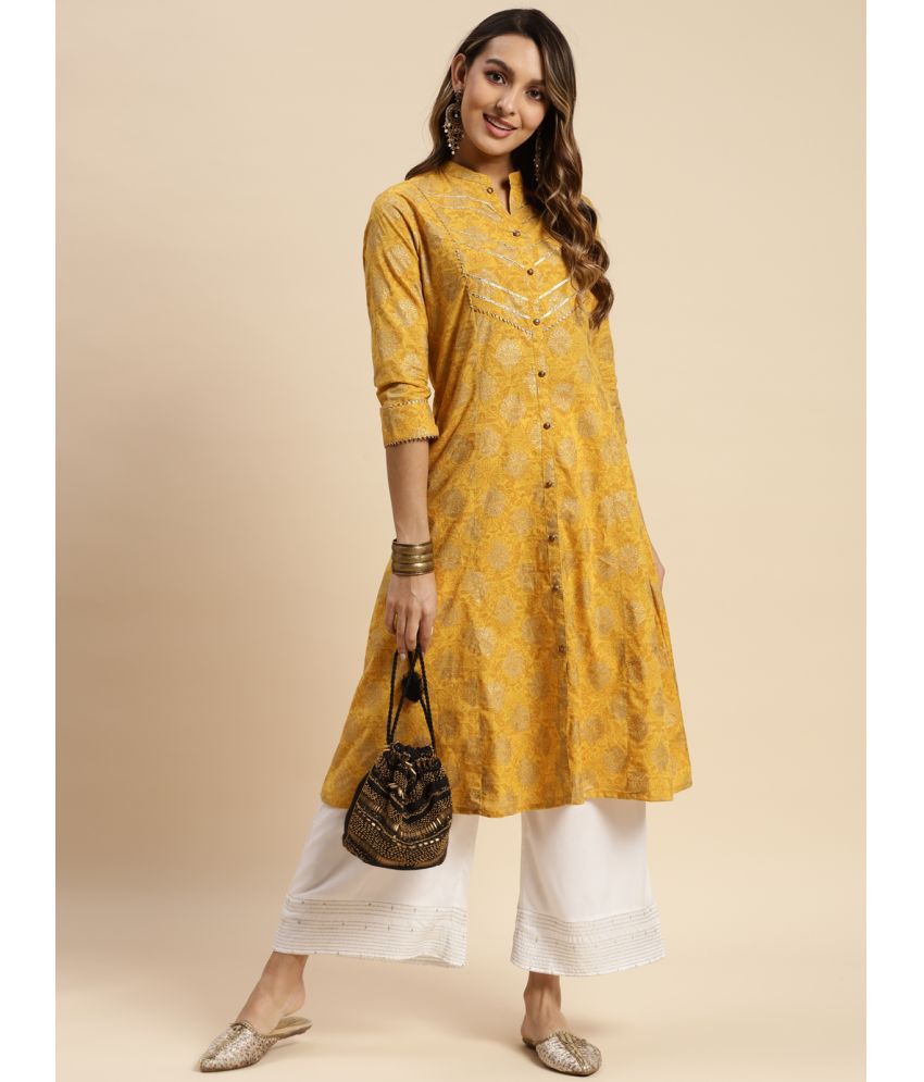     			Rangita Women Cotton Yellow Gold printed Calf Length Kalidar Kurti