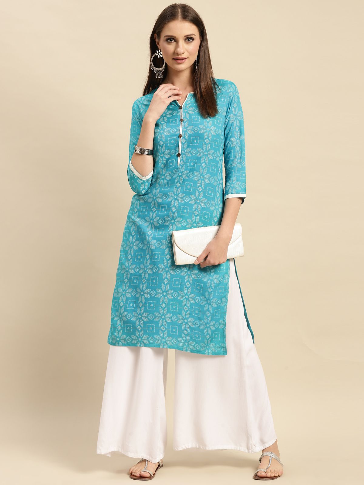     			Rangita Women Rayon Turquoise Floral Printed Contrast Placket Knee Length Straight Kurti