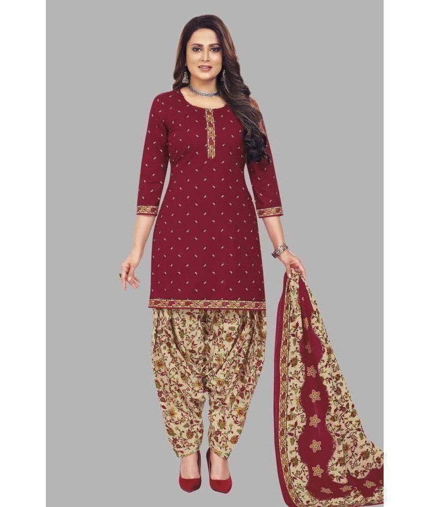     			shree jeenmata collection Unstitched Cotton Printed Dress Material - Maroon ( Pack of 1 )