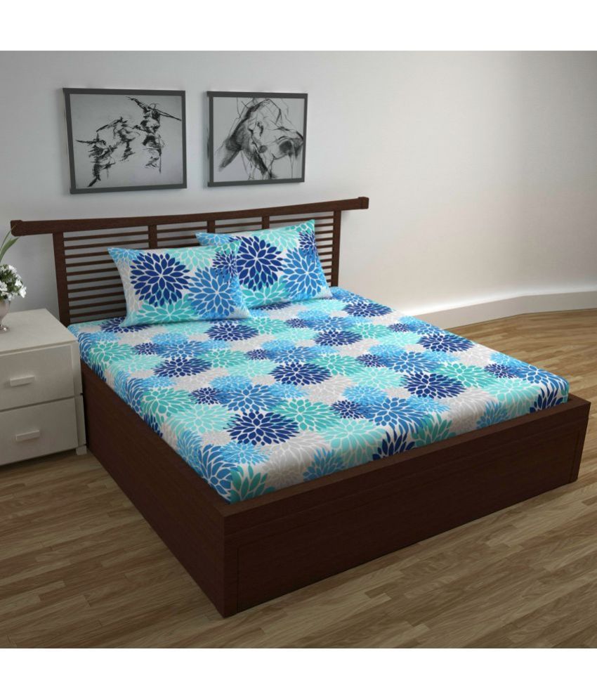     			DIVINE CASA Cotton Nature Double Size Bedsheet with 2 Pillow Covers - Blue