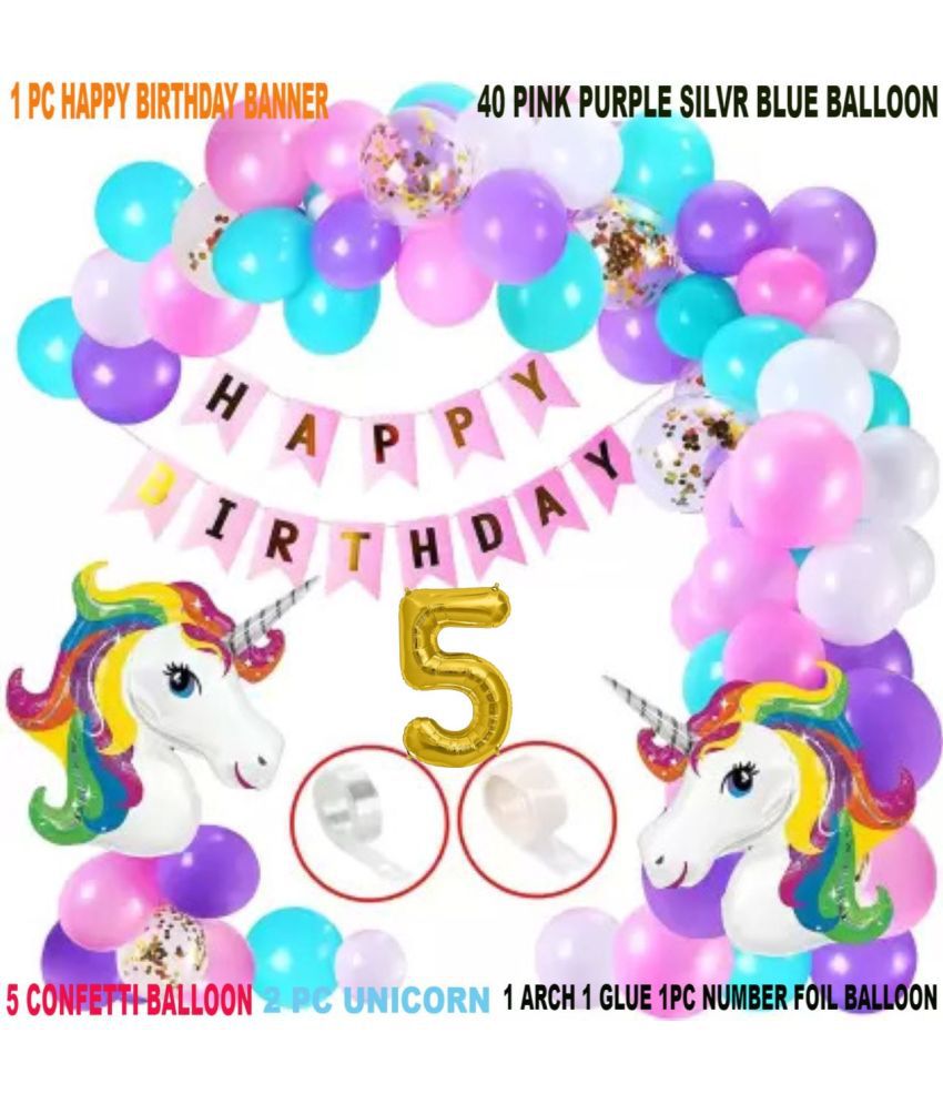     			KR 5TH /FIFTH HAPPY BIRTDAY DECORATION WITH HAPPY BIRTHDAY BLUE BANNER , 2 UNICORN BALLOON 1 ARCH 1 GLUE 40 PINK PURPLE BLUE BALLOON  5 CONFETTI BALLOON 5 NO GOLD FOIL BALLOON