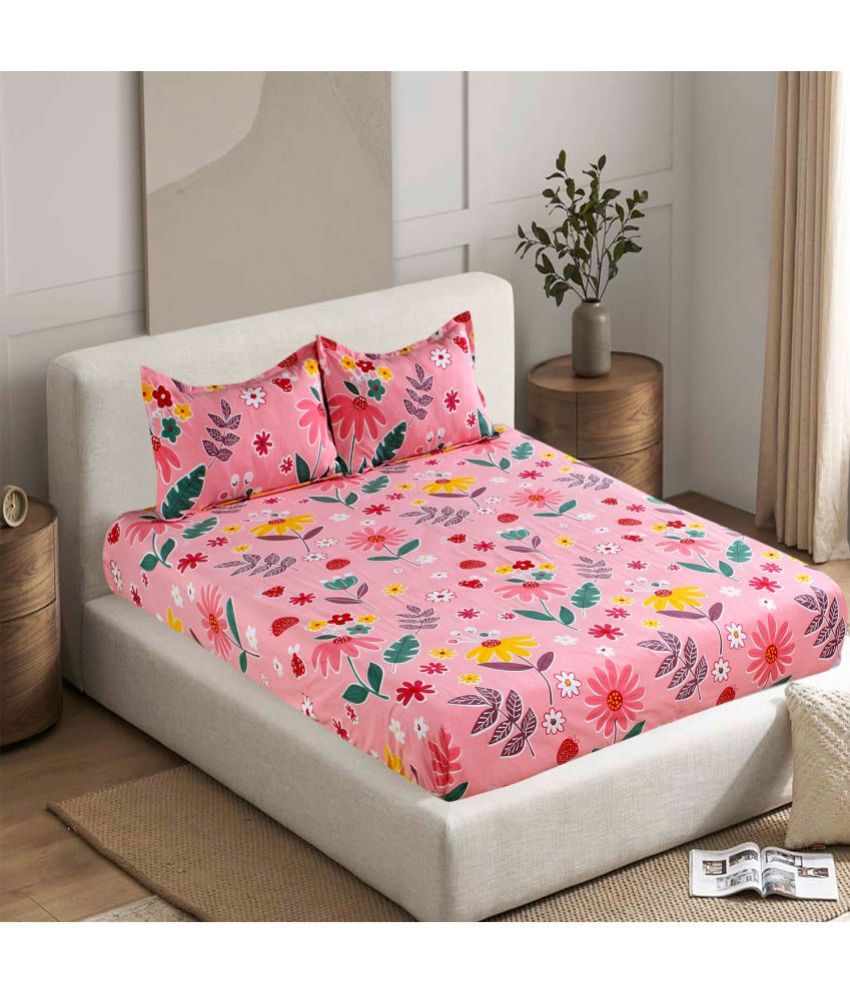     			Valtellina Cotton Floral Double Size Bedsheet with 2 Pillow Covers - Pink