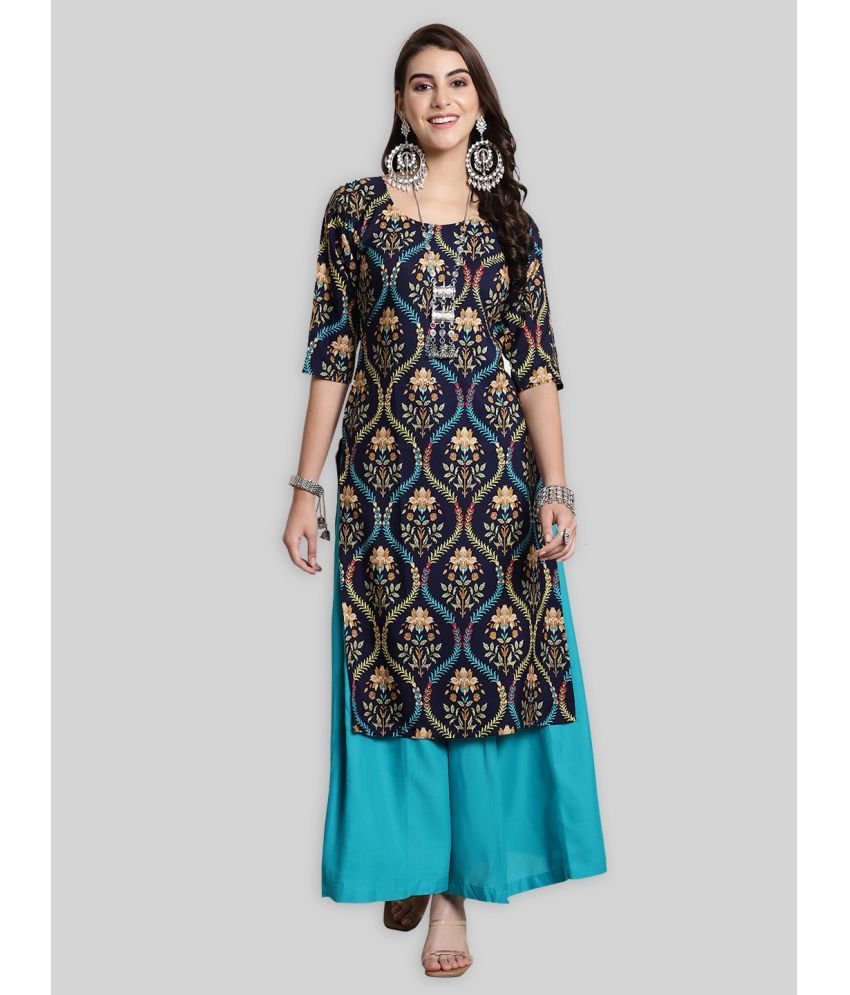     			7Threads Crepe Printed Straight Women's Kurti - Navy Blue ( Pack of 1 )