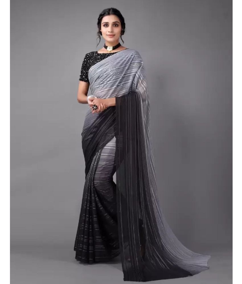     			Apnisha Satin Striped Saree With Blouse Piece - Black ( Pack of 1 )