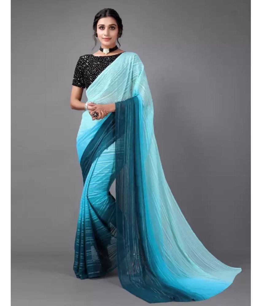     			Apnisha Satin Striped Saree With Blouse Piece - SkyBlue ( Pack of 1 )