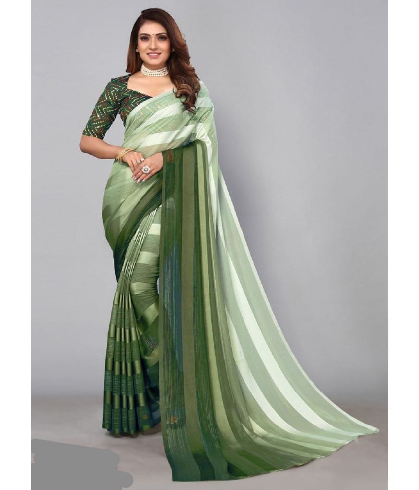    			Apnisha Satin Striped Saree With Blouse Piece - Green ( Pack of 1 )