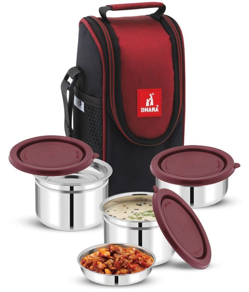     			Dhara Stainless Steel HOT TIME 3 MAROON  Stainless Steel Lunch Box 3 - Container ( Pack of 1 )