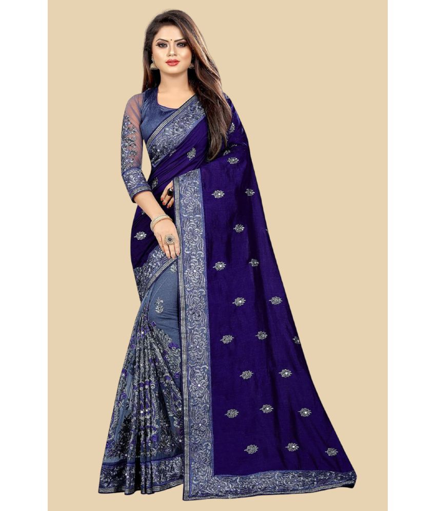     			Apnisha Silk Embroidered Saree With Blouse Piece - Blue ( Pack of 1 )