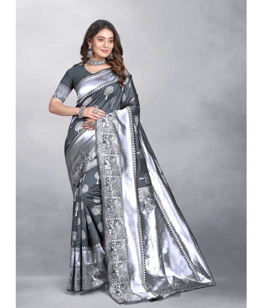     			Gazal Fashions Banarasi Silk Embellished Saree With Blouse Piece - Grey ( Pack of 1 )