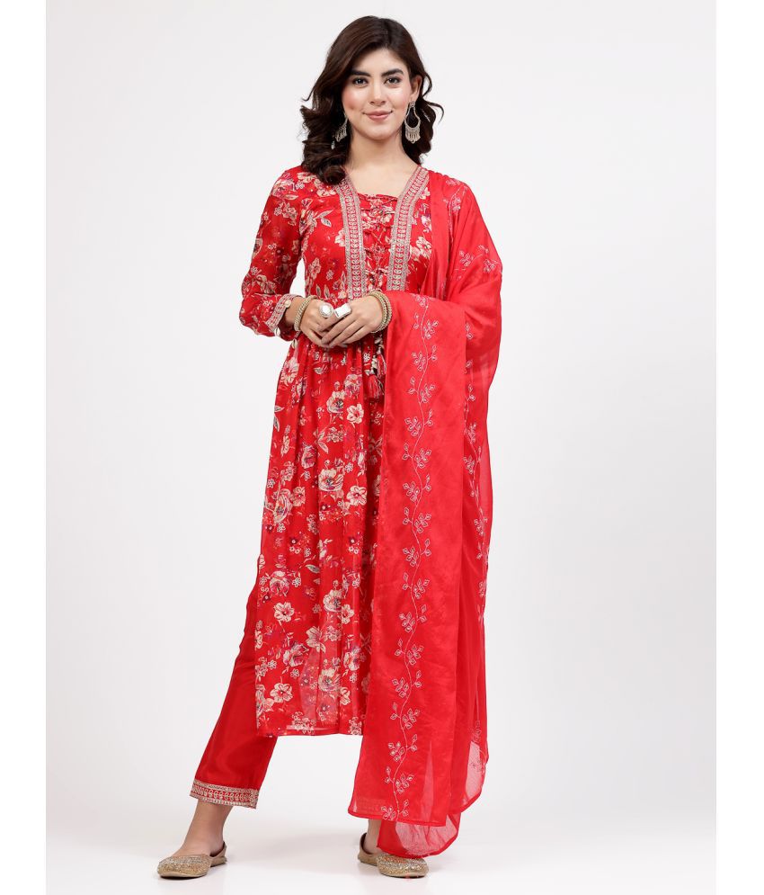     			Yellow Cloud Chiffon Printed Kurti With Pants Women's Stitched Salwar Suit - Red ( Pack of 1 )