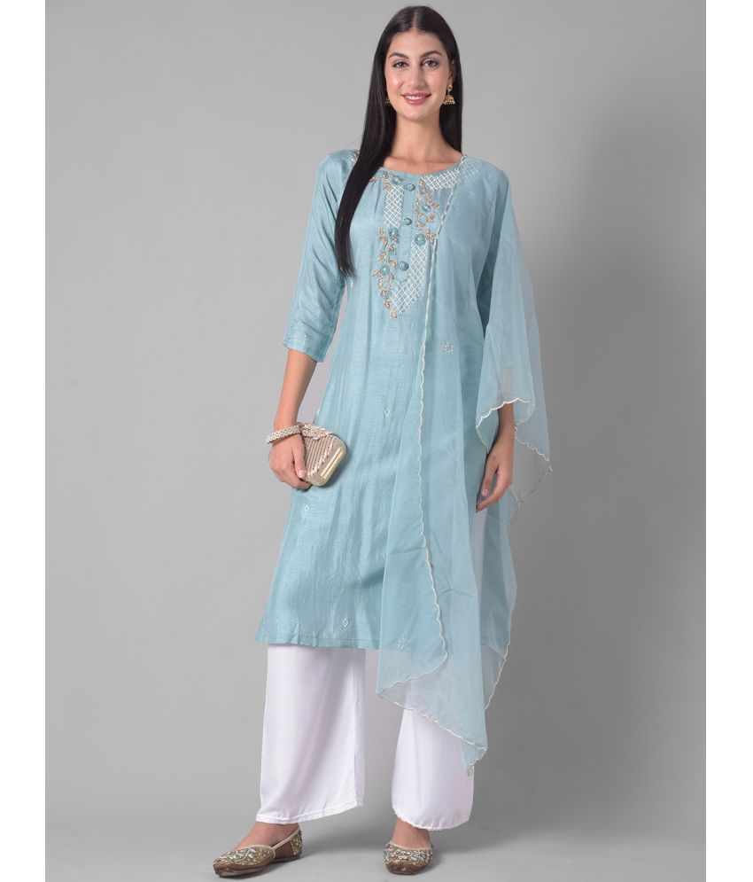     			Dollar Missy Cotton Blend Embellished Straight Women's Kurti - Blue ( Pack of 1 )