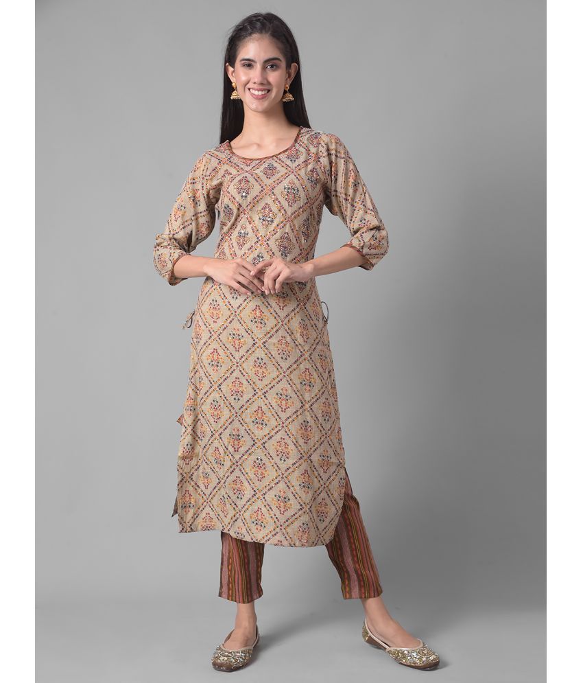     			Dollar Missy Cotton Blend Self Design Straight Women's Kurti - Beige ( Pack of 1 )