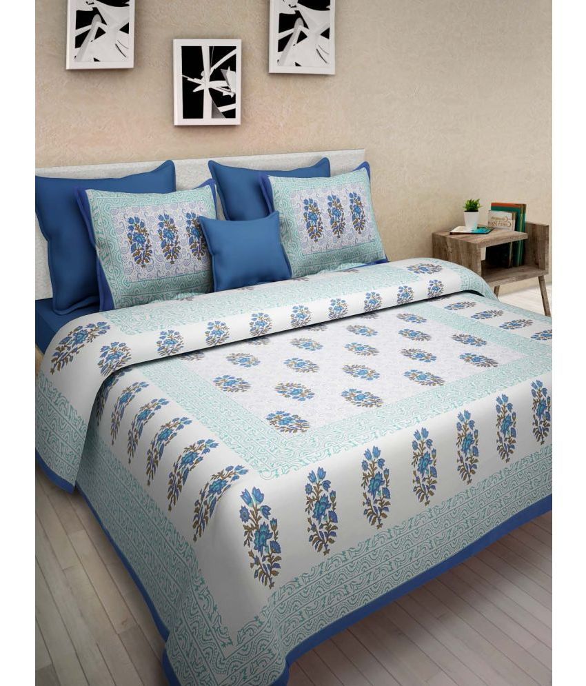     			Uniqchoice Cotton Floral 1 Double Bedsheet with 2 Pillow Covers - Blue