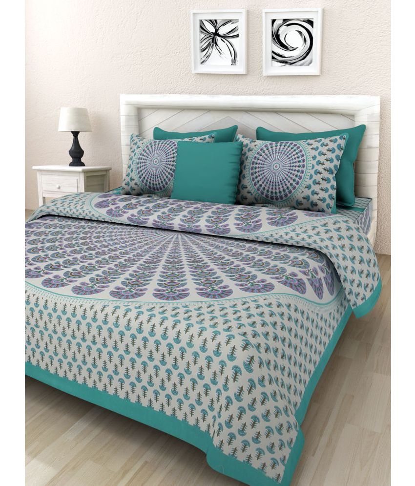     			Uniqchoice Cotton Floral 1 Double Bedsheet with 2 Pillow Covers - Turquoise