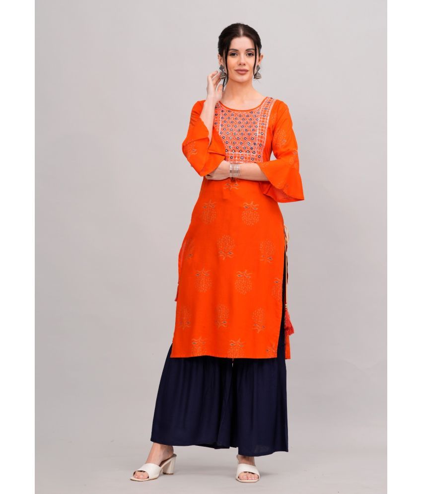     			MAUKA Rayon Printed Kurti With Sharara And Gharara Women's Stitched Salwar Suit - Orange ( Pack of 1 )