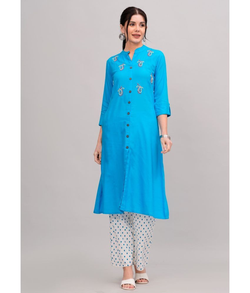     			MAUKA Rayon Solid Kurti With Palazzo Women's Stitched Salwar Suit - Blue ( Pack of 1 )