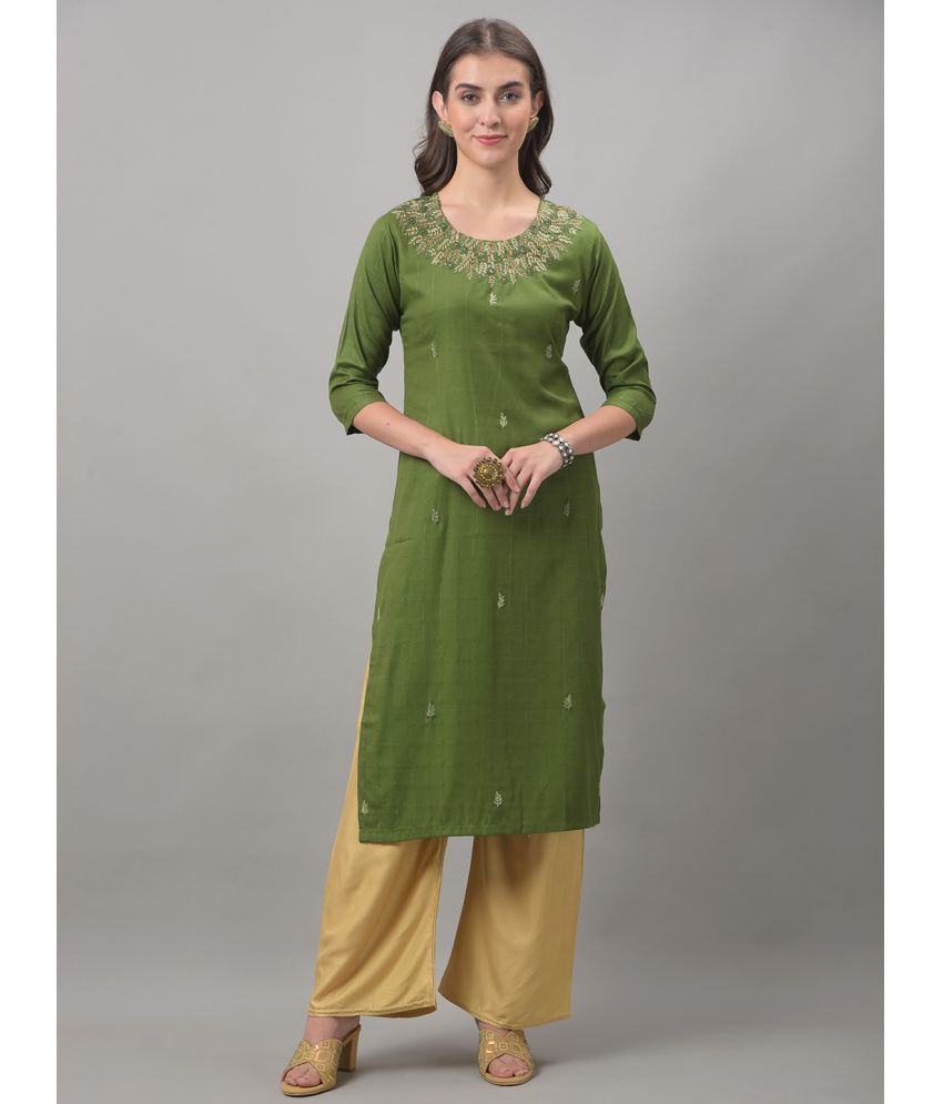     			Dollar Missy Cotton Blend Embroidered Straight Women's Kurti - Green ( Pack of 1 )