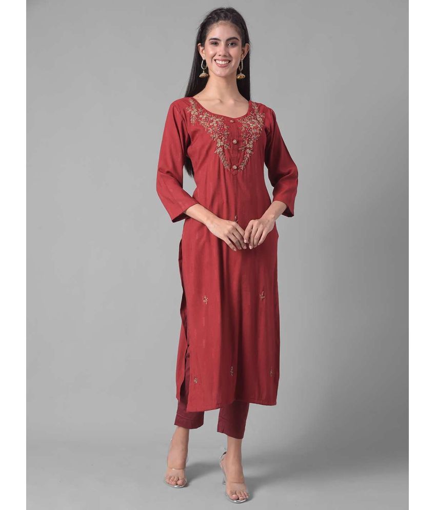     			Dollar Missy Cotton Blend Embroidered Straight Women's Kurti - Maroon ( Pack of 1 )