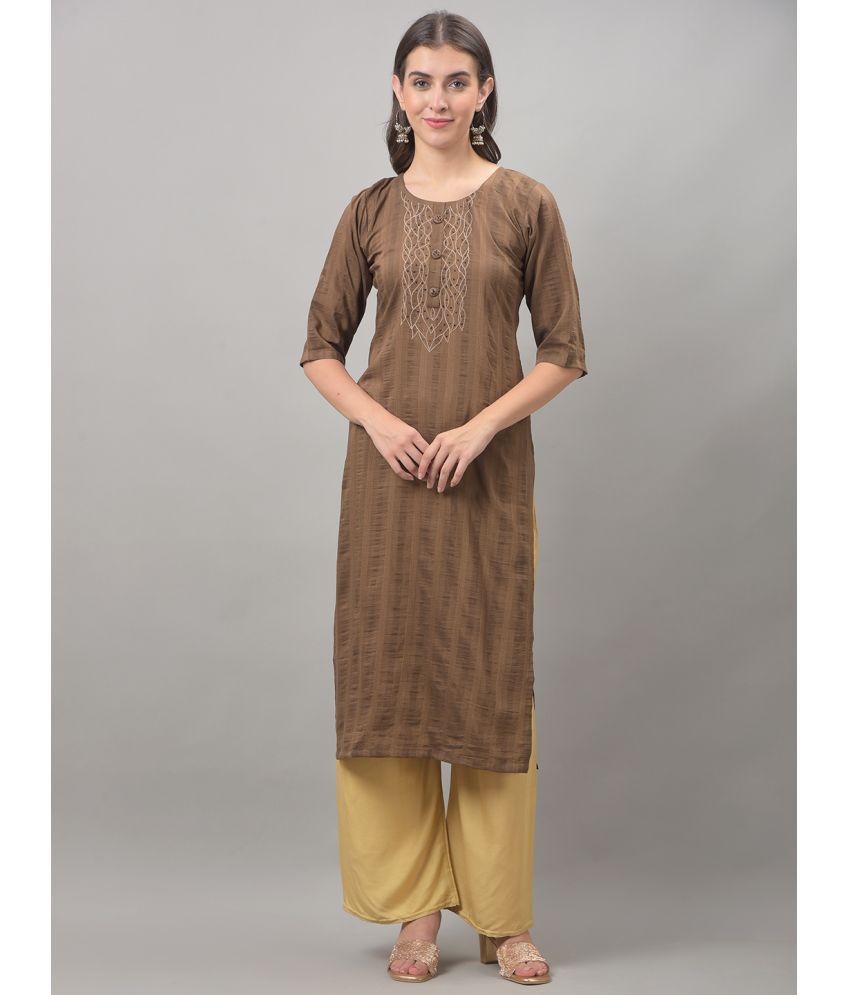     			Dollar Missy Cotton Blend Embroidered Straight Women's Kurti - Brown ( Pack of 1 )