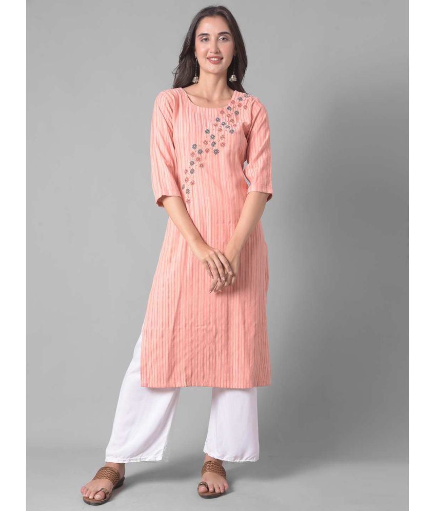     			Dollar Missy Cotton Blend Embroidered Straight Women's Kurti - Peach ( Pack of 1 )