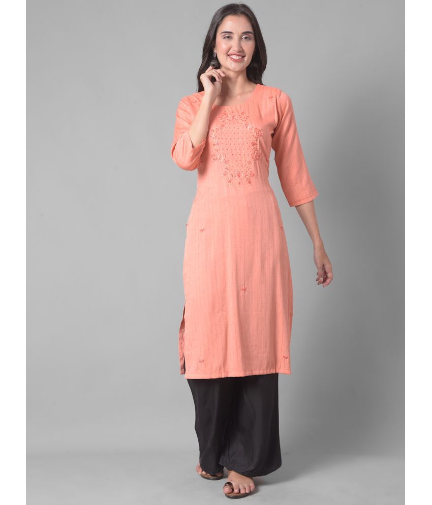     			Dollar Missy Cotton Blend Embroidered Straight Women's Kurti - Peach ( Pack of 1 )