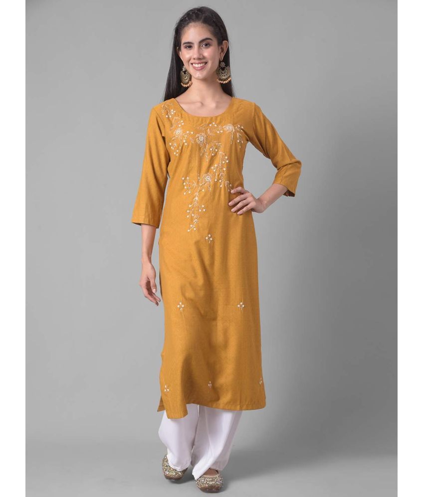     			Dollar Missy Cotton Blend Embellished Straight Women's Kurti - Yellow ( Pack of 1 )