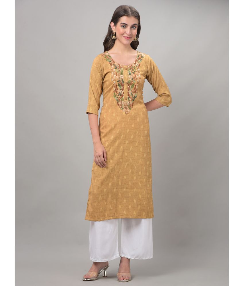     			Dollar Missy Cotton Blend Embroidered Straight Women's Kurti - Beige ( Pack of 1 )