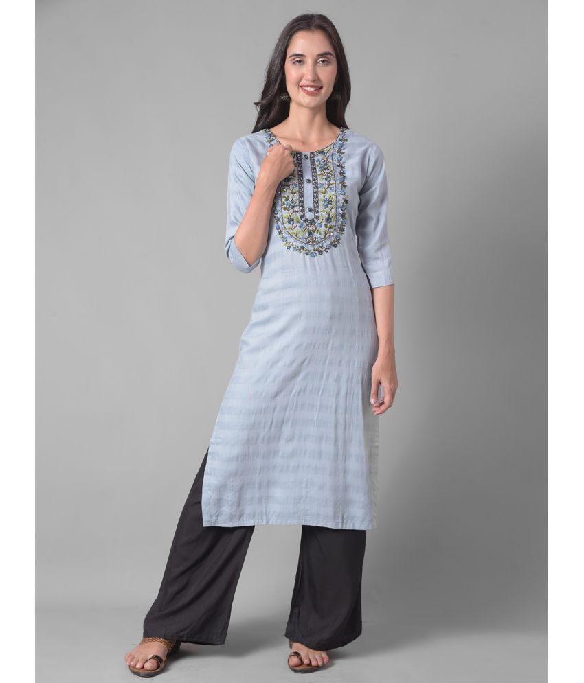     			Dollar Missy Cotton Blend Embroidered Straight Women's Kurti - Grey ( Pack of 1 )