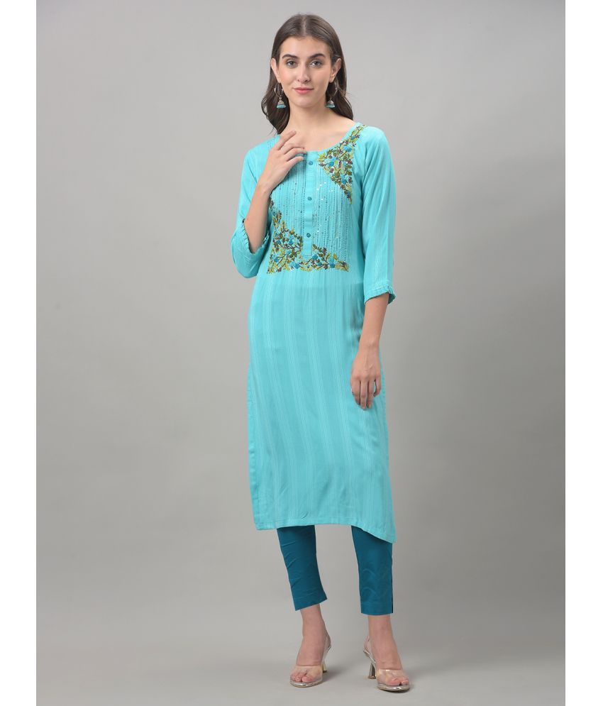     			Dollar Missy Cotton Blend Embroidered Straight Women's Kurti - Blue ( Pack of 1 )