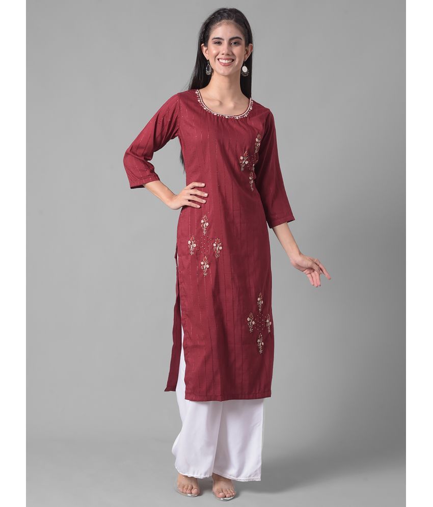     			Dollar Missy Cotton Blend Embroidered Straight Women's Kurti - Maroon ( Pack of 1 )