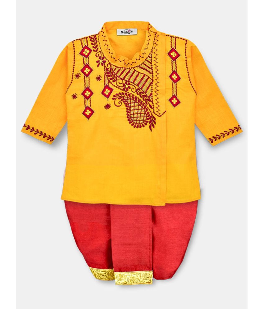     			Mustmom Bright Ethnic Pure Cotton Full Sleeves Handloom Dhoti Kurta Set for Boy Rice Ceremony Annaprasanna