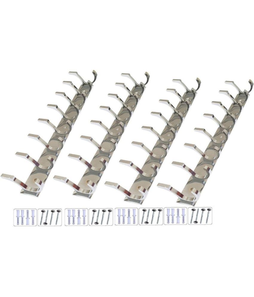     			OJASS Stainless Steel & Aluminium Premium Heavy Quality - 8 PIN Duck Cloth Hanger Bathroom Wall Door Hooks with 16 Screw and 16 Grip (Pack of 4 pcs) DHS08SS4LA