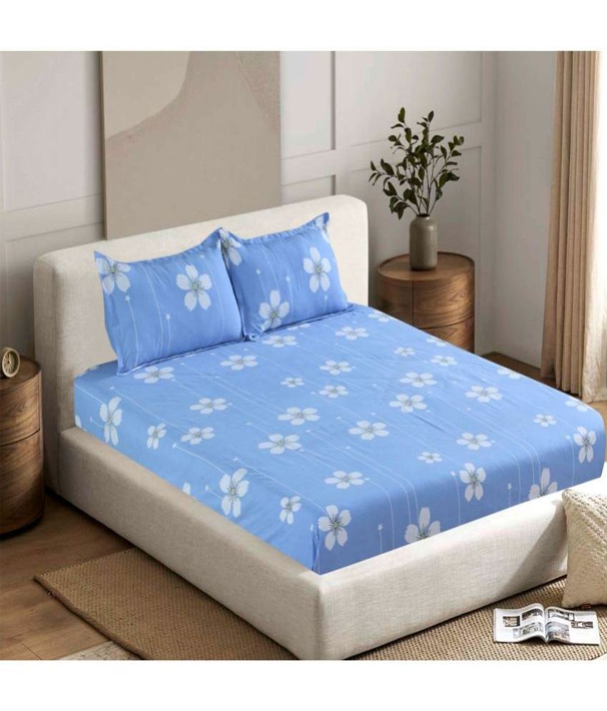     			Valtellina Cotton Floral 1 Double Bedsheet with 2 Pillow Covers - Blue