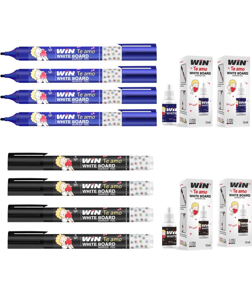     			Win Teamo Whiteboard Markers 4blue+4black with(2blue ink+2black ink) (Set of 8, Multicolor)