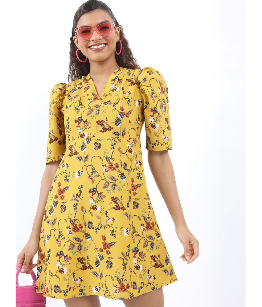     			Ketch Polyester Printed Mini Women's Fit & Flare Dress - Yellow ( Pack of 1 )