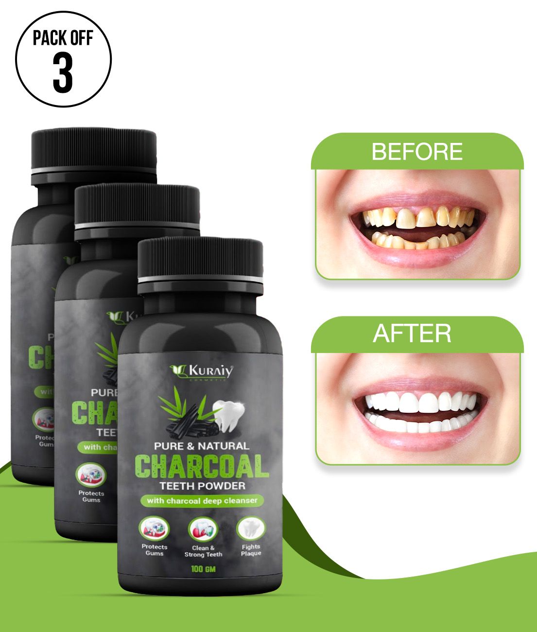     			KURAIY Charcoal Teeth Whitening Powder Teeth Brightening Oral Remove Plaque Stains 100g Pack of 3