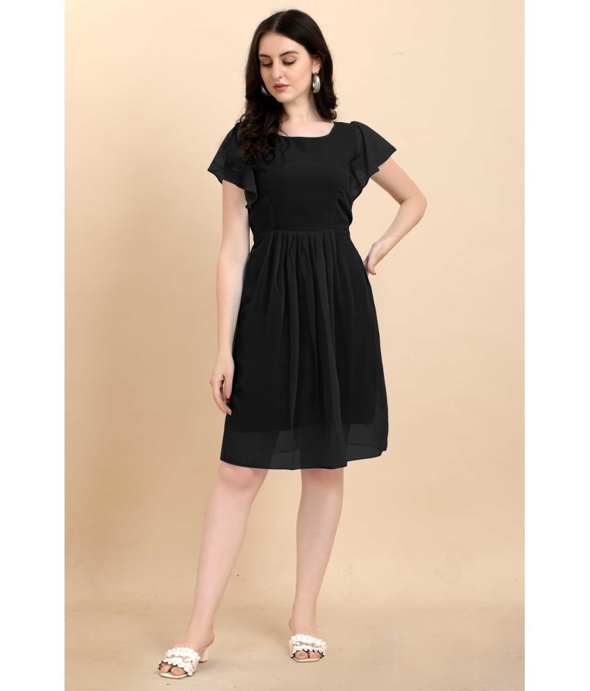     			Femvy Georgette Solid Knee Length Women's Fit & Flare Dress - Black ( Pack of 1 )