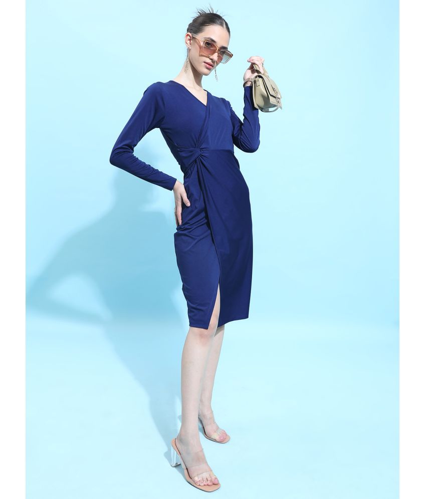     			Ketch Polyester Blend Solid Knee Length Women's Wrap Dress - Navy Blue ( Pack of 1 )