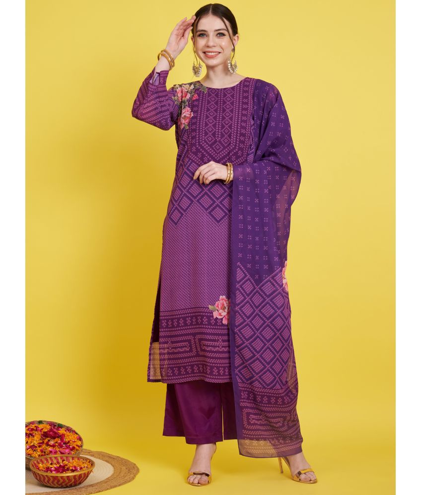     			Vbuyz Georgette Printed Kurti With Palazzo Women's Stitched Salwar Suit - Purple ( Pack of 1 )