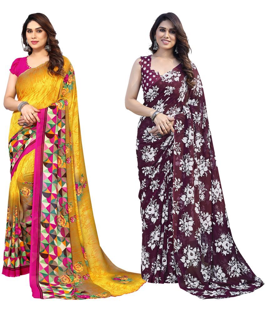     			Kashvi Sarees Georgette Printed Saree With Blouse Piece - Multicolour ( Pack of 2 )