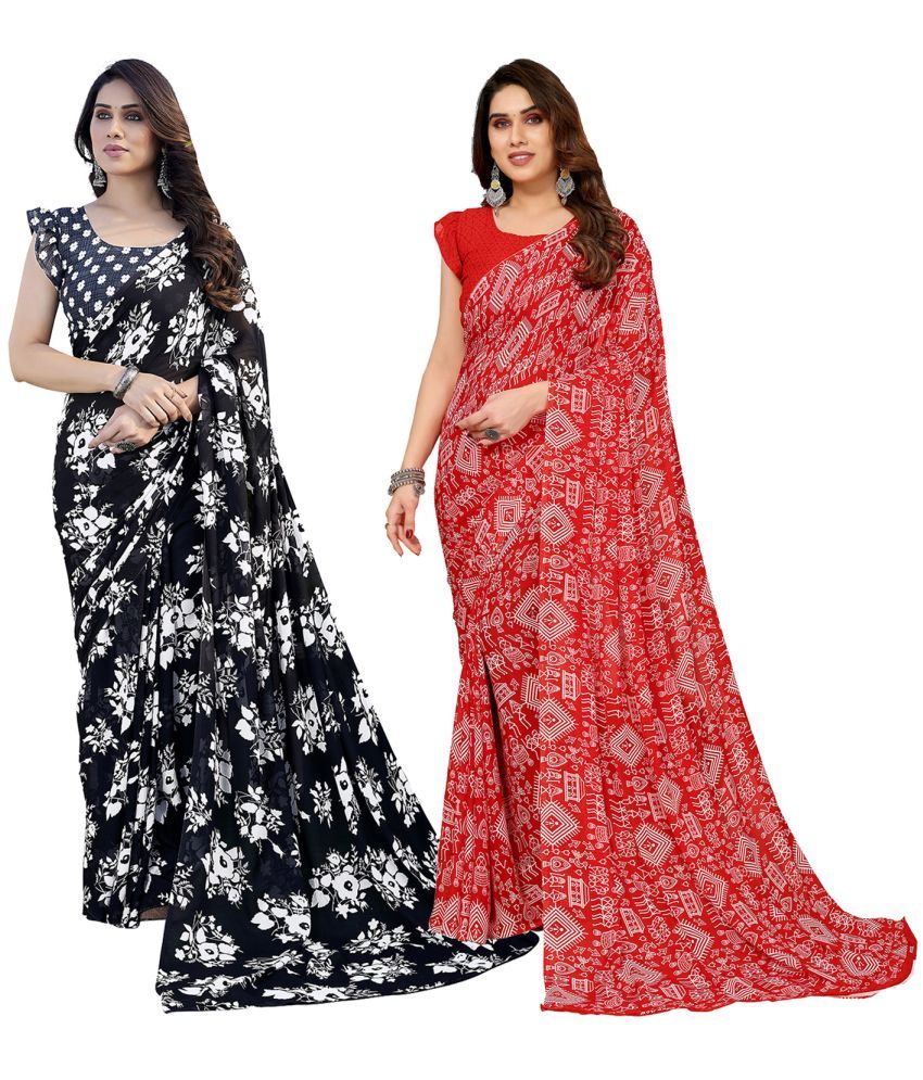     			Kashvi Sarees Georgette Printed Saree With Blouse Piece - Multicolour ( Pack of 2 )