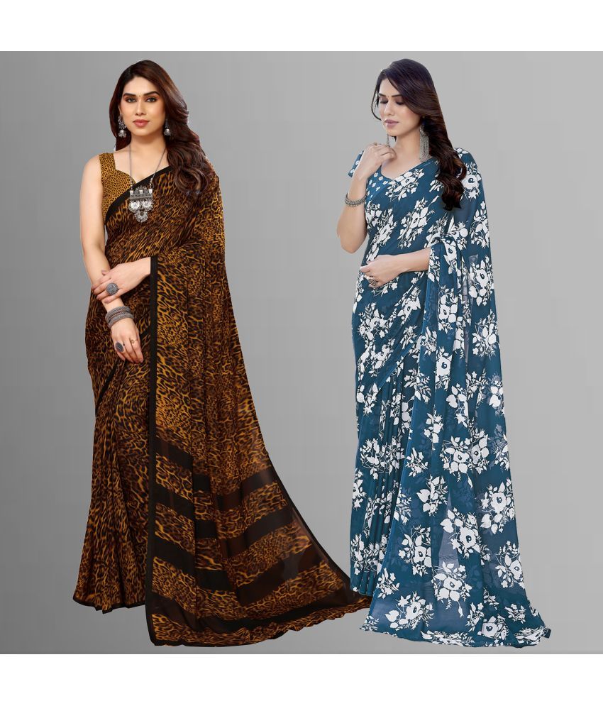     			Kashvi Sarees Georgette Printed Saree With Blouse Piece - Multicolour ( Pack of 2 )