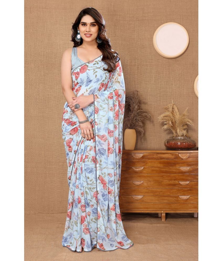    			Gazal Fashions Georgette Printed Saree With Blouse Piece - Blue ( Pack of 1 )