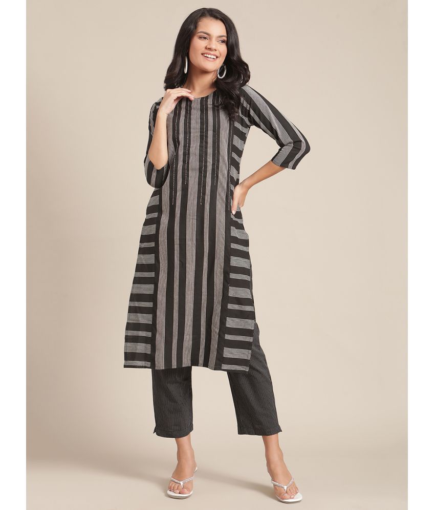     			Varanga Cotton Blend Striped Kurti With Pants Women's Stitched Salwar Suit - Black ( Pack of 1 )