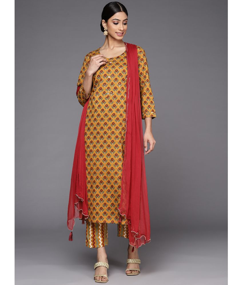     			Varanga Cotton Printed Kurti With Pants Women's Stitched Salwar Suit - Mustard ( Pack of 1 )