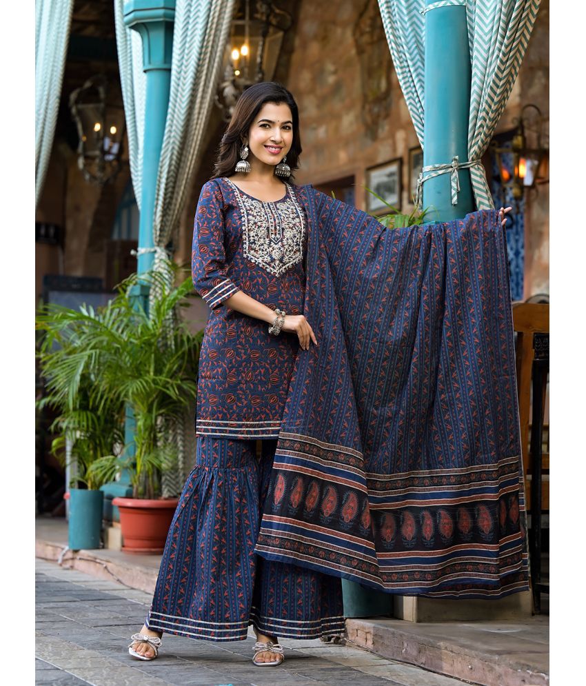     			Yufta Cotton Embroidered Kurti With Sharara And Gharara Women's Stitched Salwar Suit - Indigo ( Pack of 1 )