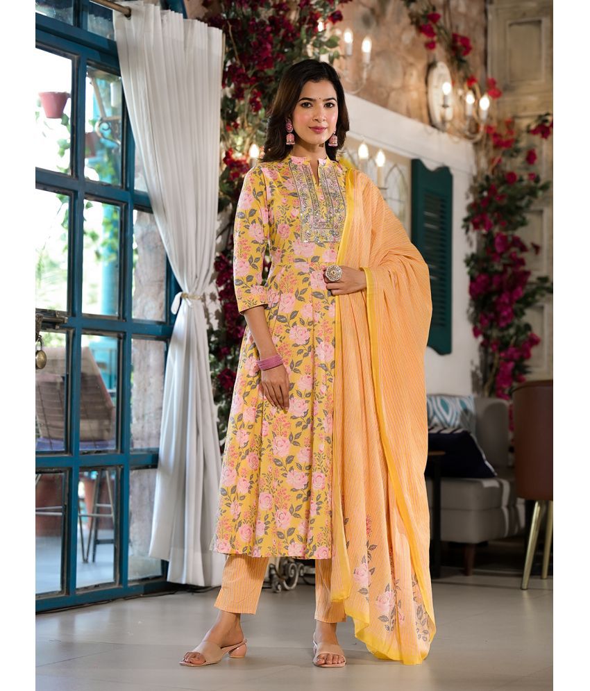     			Yufta Cotton Embroidered Kurti With Pants Women's Stitched Salwar Suit - Yellow ( Pack of 1 )